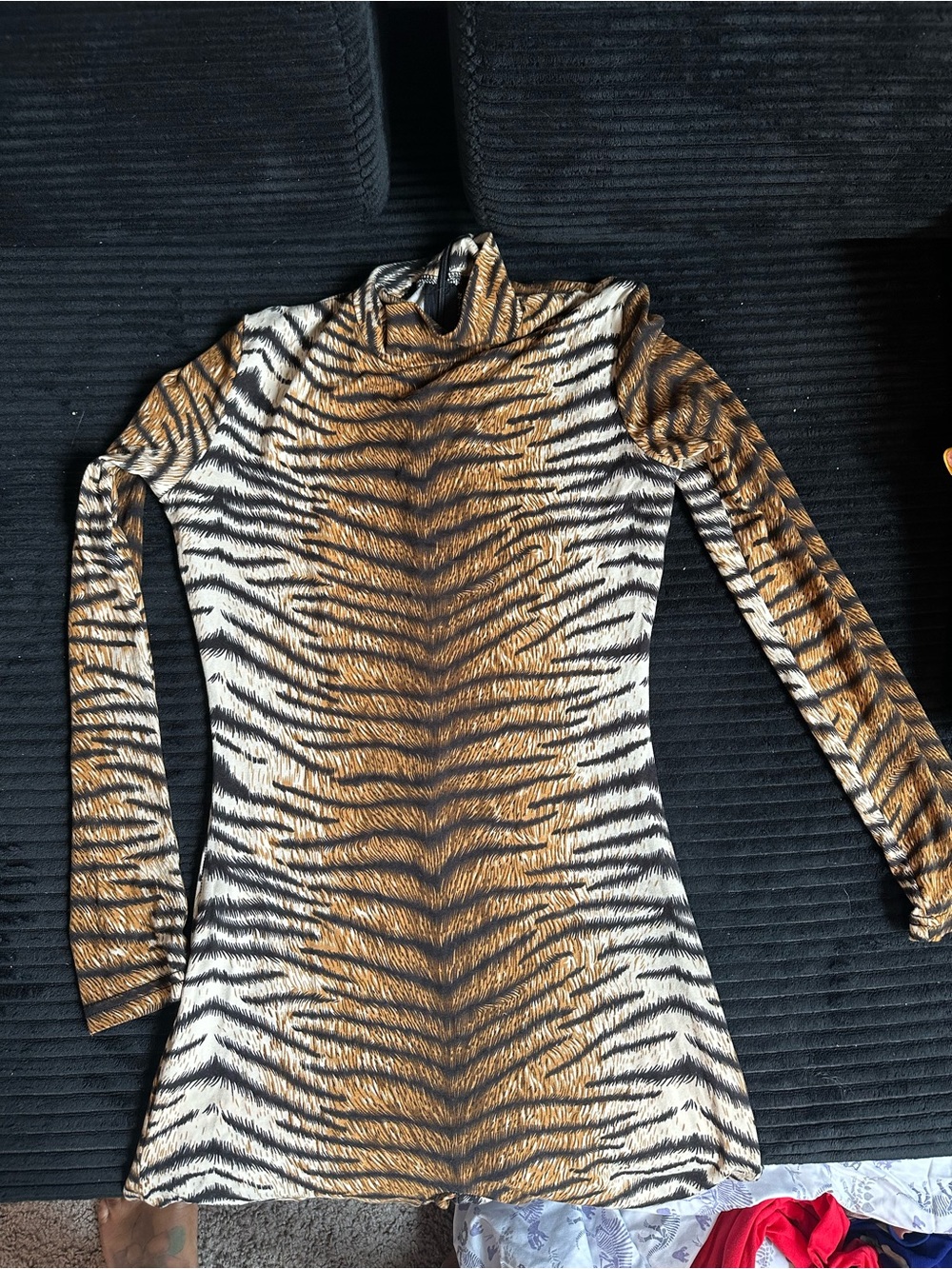 Tiger Print Long Sleeve Mock Neck Dress - Brown & Black